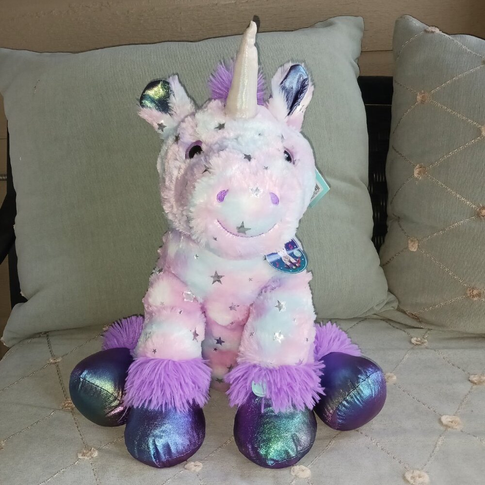 Hug Me Sparkle 21" Unicorn Plush Lights Up & Plays Music Silver Metallic Stars